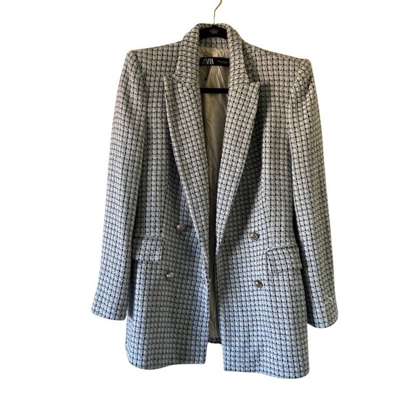 ZARA TWEED TEXTURED PLAID BLAZER DOUBLE BREASTED WHITE BLUE SIZE LARGE - Picture 2 of 5